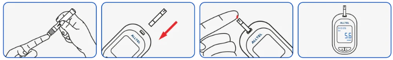 Guía de uso del medidor ALLTEL 4 en 1: 1. Preparar lanceta, 2. Insertar tira, 3. Aplicar muestra de sangre, 4. Leer resultado