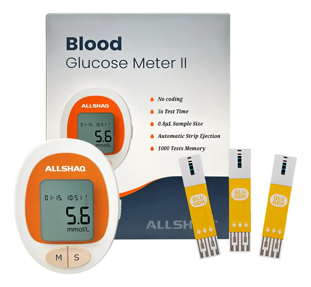Glucómetro ALLSHAQ Plus II con tiras reactivas y accesorios