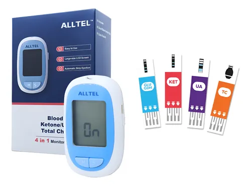Medidor ALLTEL 4 en 1 con tiras reactivas de glucosa, cetonas, ácido úrico y colesterol